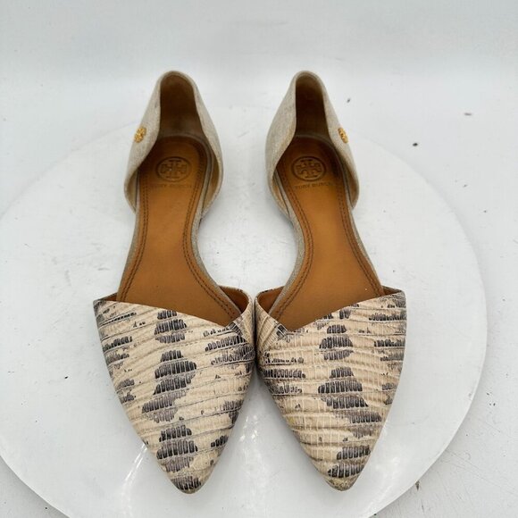 Tory Burch D'Orsay Viv Women Size 7M Lizard Leather Linen Pointed Toe Flat Shoes - Picture 3 of 12